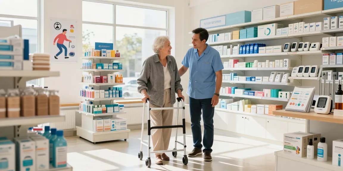 Assistance at a medical supply store showcasing mobility aids like walkers and canes.