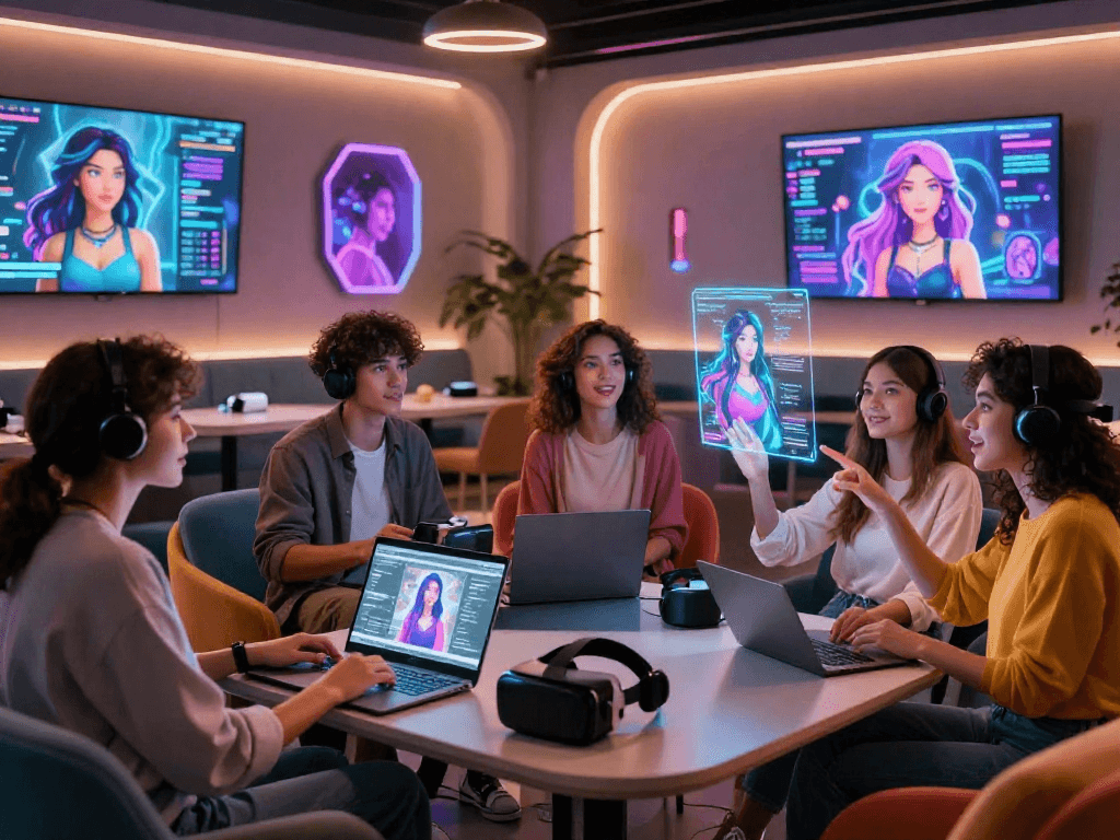 Interactive scene depicting young adults exploring nsfw ai girlfriend technology in a vibrant lounge setting