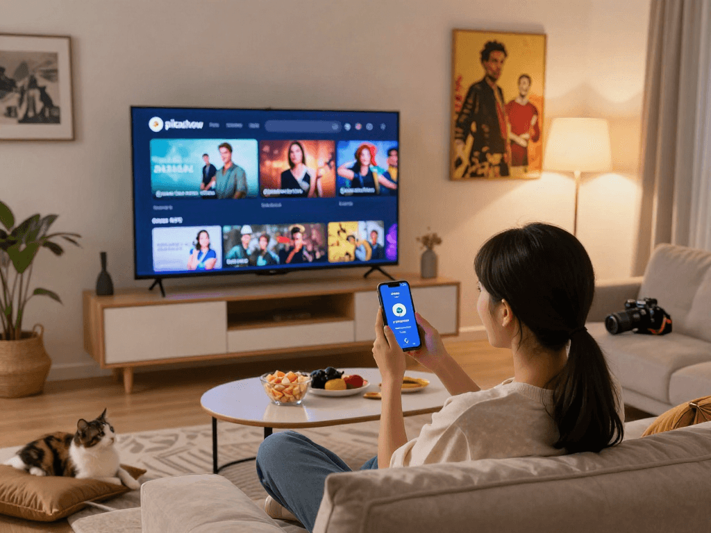 Enjoying pikashow apk download while streaming favorite shows in a cozy living room.