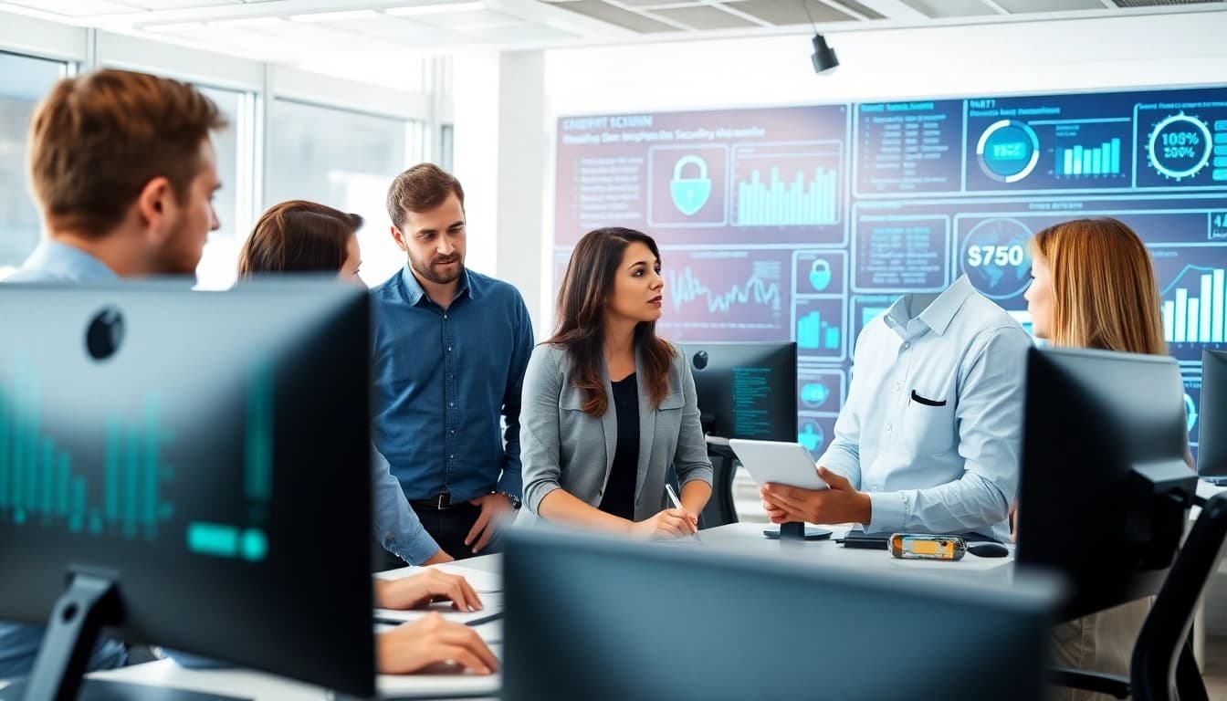 IT professionals discussing cyber essentials accreditation in a modern office environment.