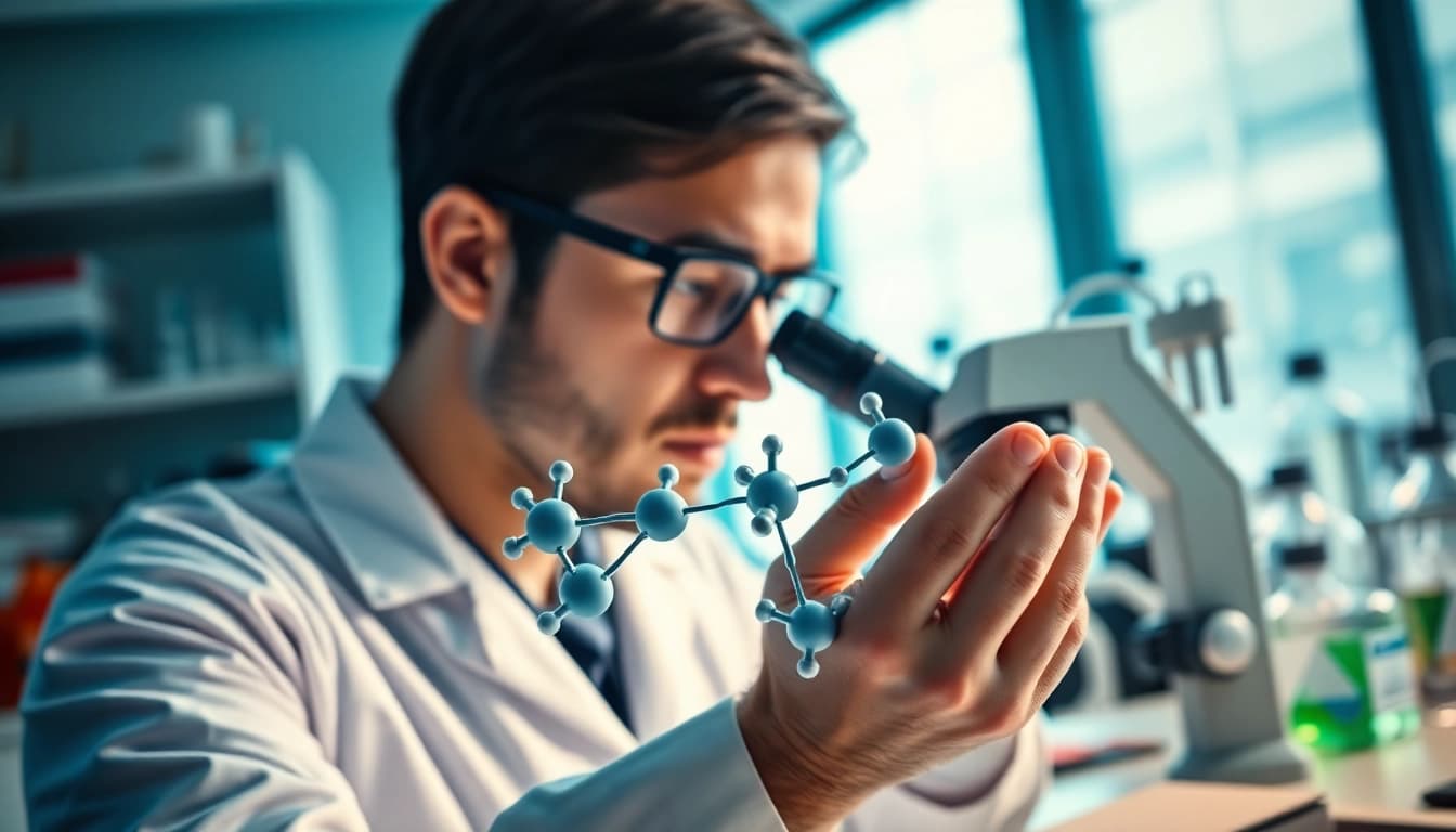 Analyze amc peptide structures in a modern lab setting with a dedicated scientist.