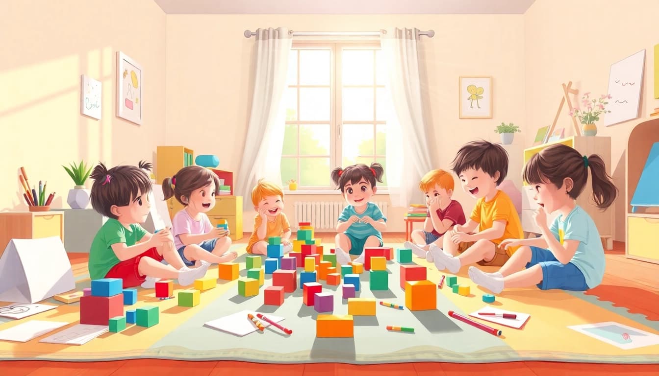 Encourage creativity as kids enjoy screen-free toys, fostering engagement in a bright playroom.