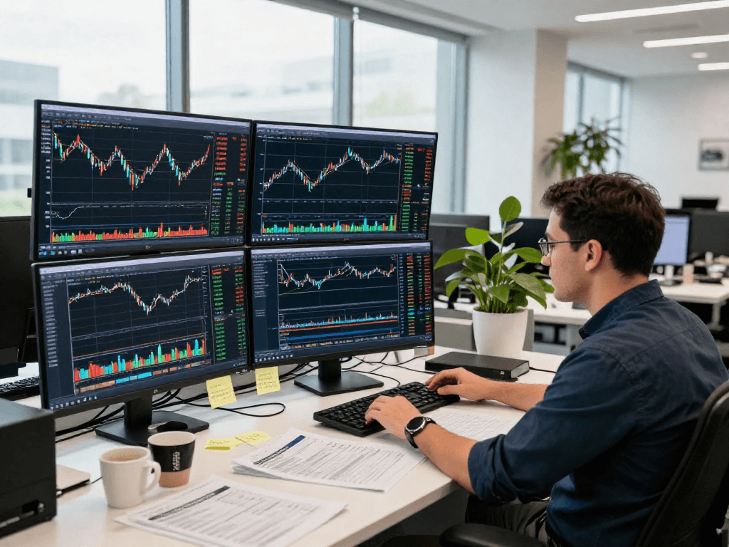 Professional trader using metatrader 5 in a vibrant office environment analyzing multiple financial markets.