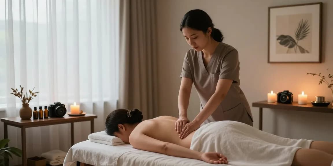 스웨디시 마사지 중인 고객과 치료사의 모습, 편안한 분위기에서 제공되는 마사지 서비스.