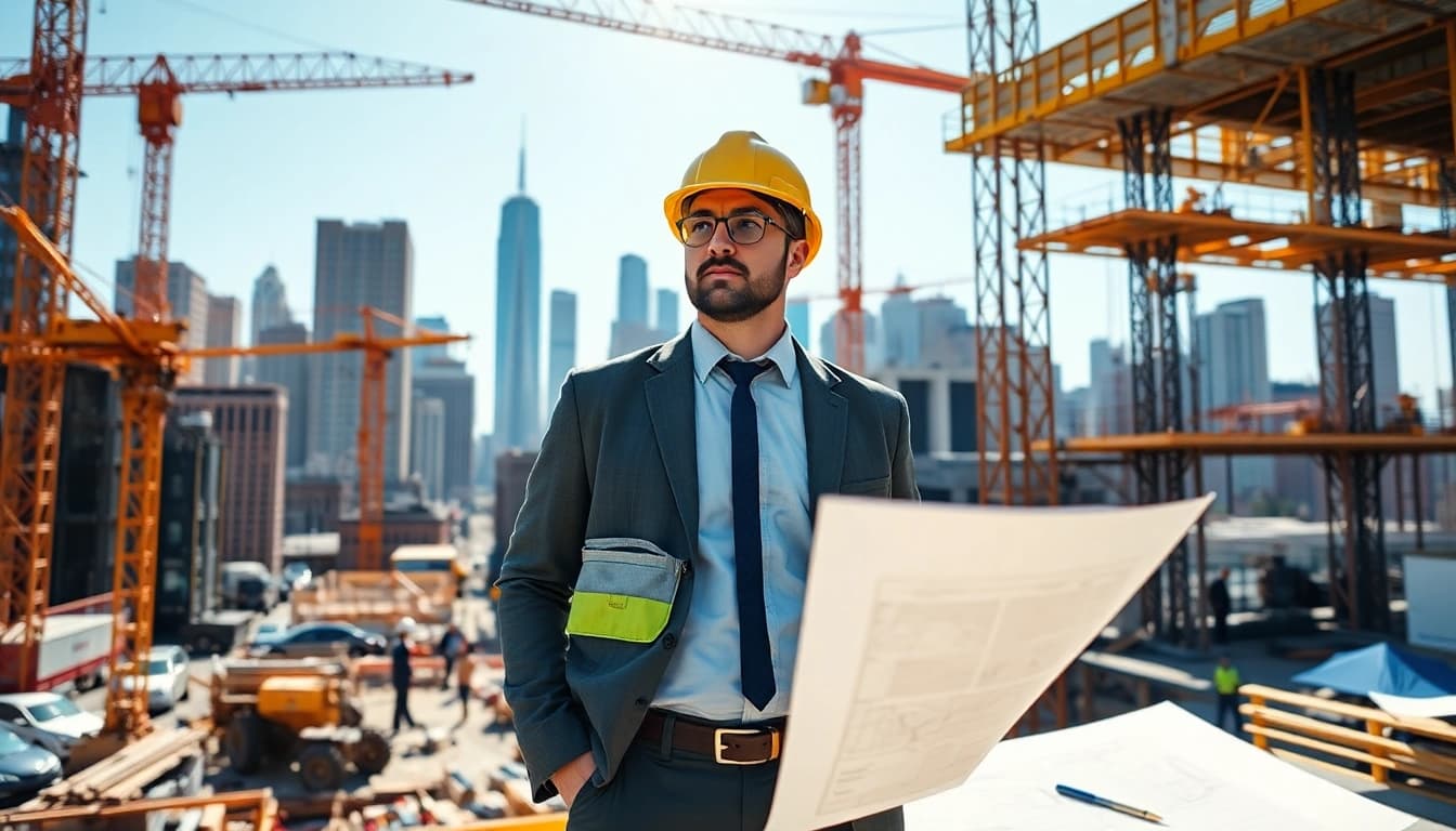 New York City Construction Manager expertly supervising a busy construction site with urban skyline backdrop.