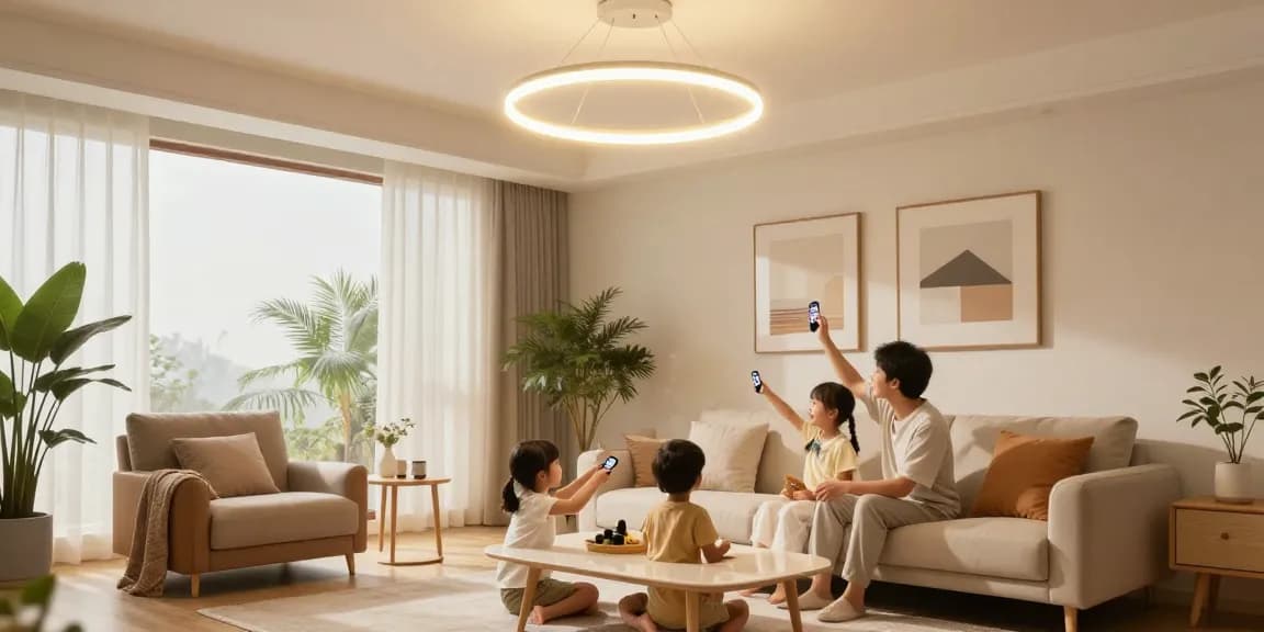Lustra cu telecomanda în living modern, familie ajustând lumina confortabilă.