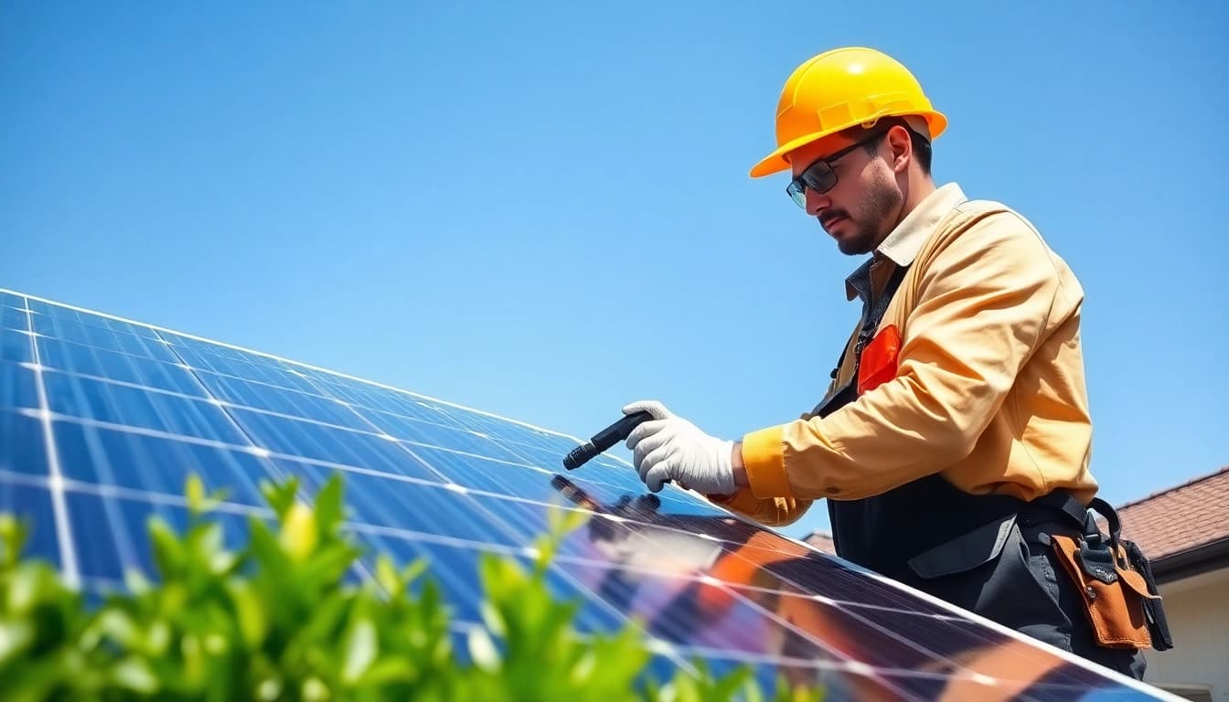 Solar panel repair near me by a technician in a sunny garden setting, showcasing eco-friendly practices.