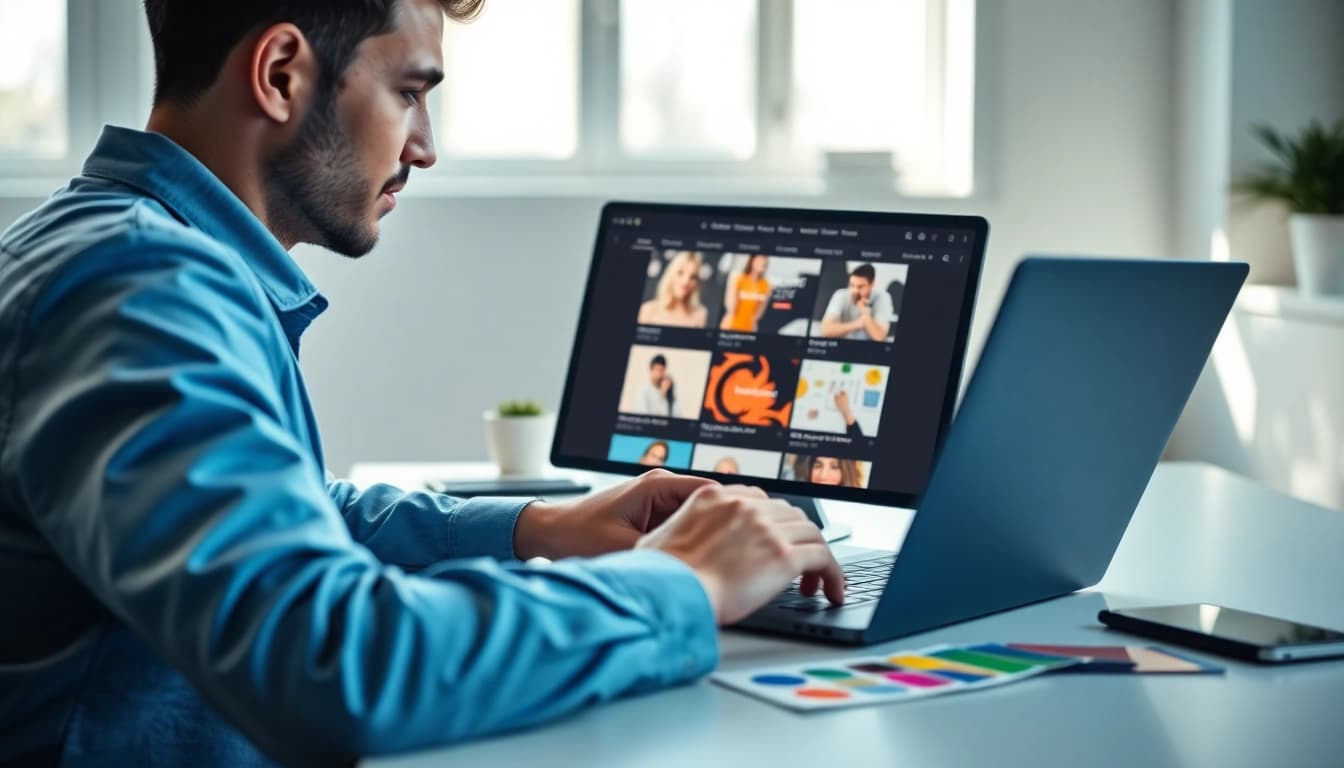 Showcasing Shopify theme customization with a designer working at a modern workspace.