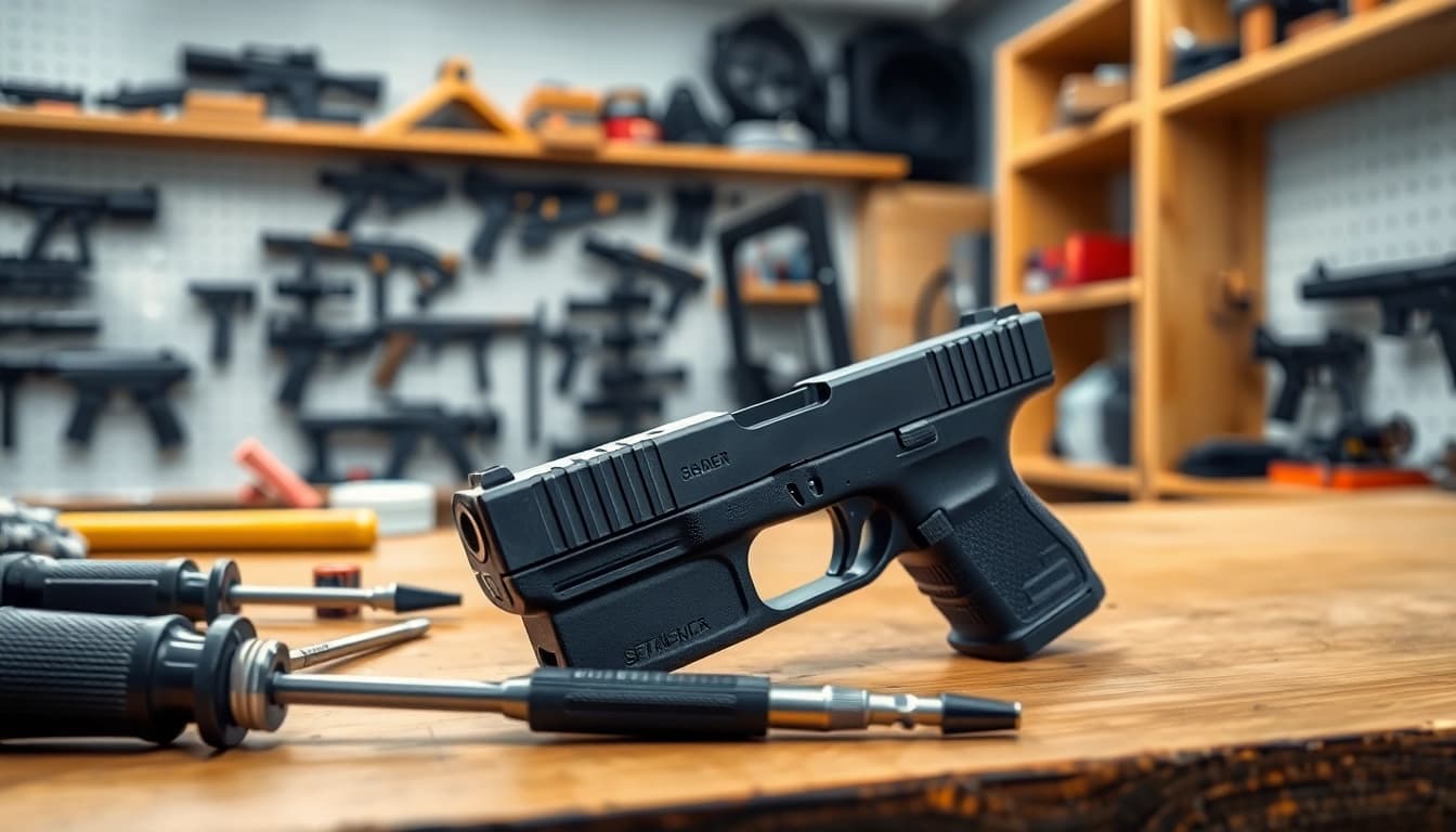 Explore a detailed Glock 17 slide showcasing its quality and design elements in a workshop setting.