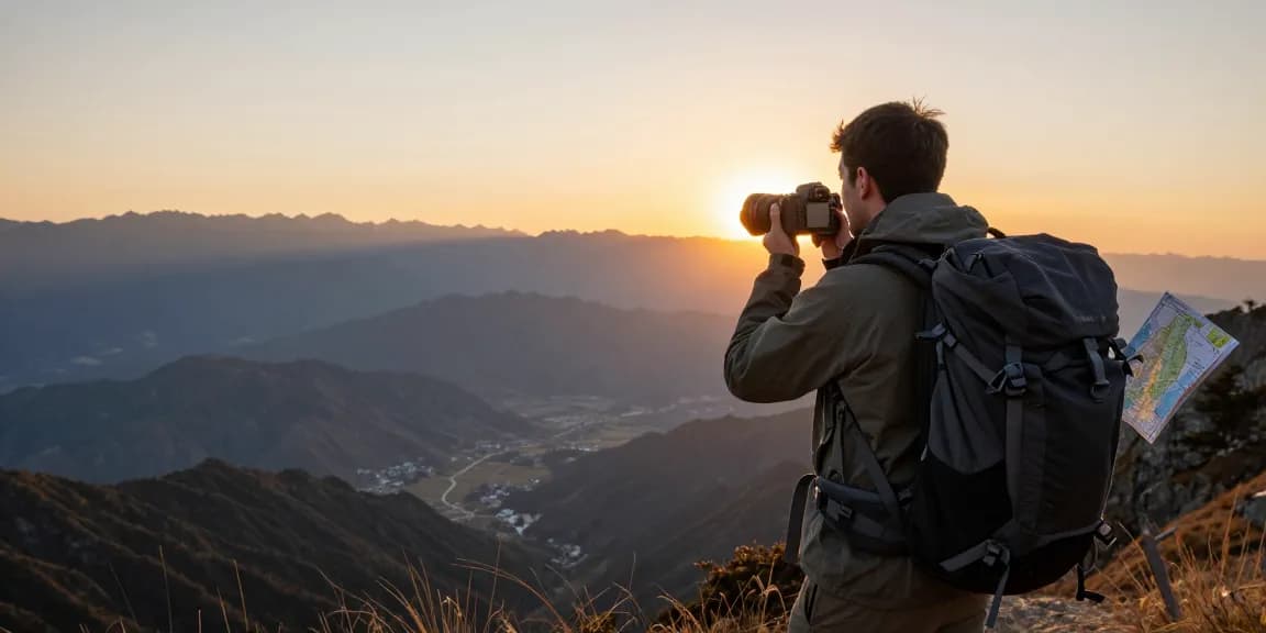 Traveler at a scenic sunset viewpoint, showcasing NAGA2000 adventure experiences with mountains in the background.