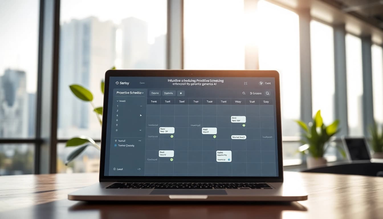 Visualize proactive scheduling AI with a dynamic digital calendar interface in a professional setting.