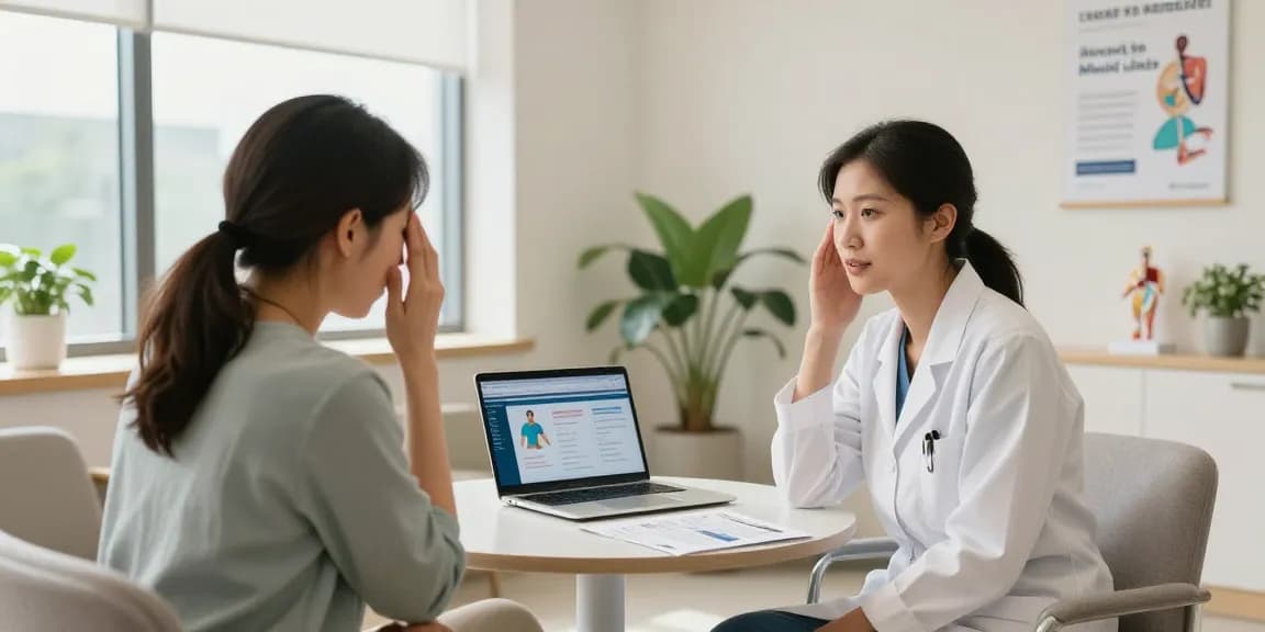 Cleveland Clinic Abu Dhabi migraine clinic consultation room with healthcare professional and patient discussing treatment options.