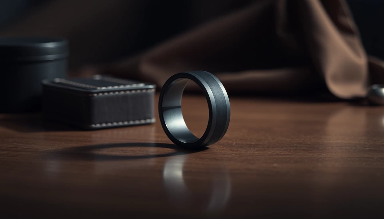 Admire the unique design of Black Wedding Rings for Men displayed on a polished surface.