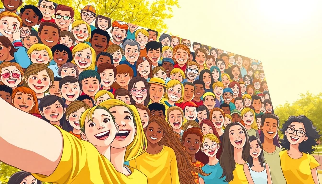 Engaging selfie mosaic displaying joyful expressions in a vibrant outdoor setting.