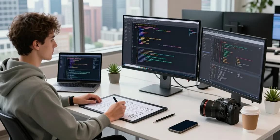 Innovative office workspace with a software engineer, showcasing modern tech tools at the WPS Official Website.
