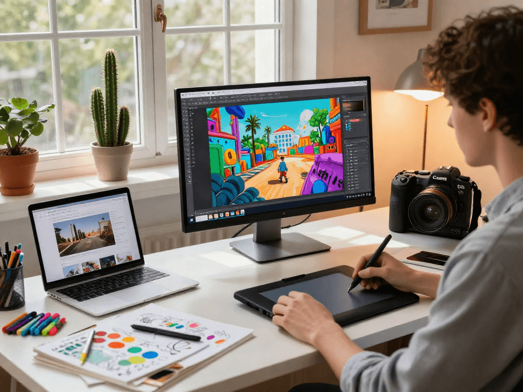 Creating captivating ai porn artwork in a modern home office.