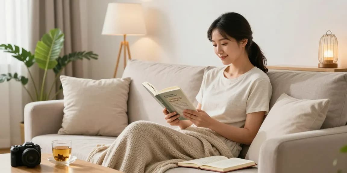 Une femme lisant un livre sur le confort urinaire femme dans un salon paisible
