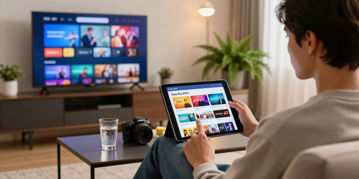 Engaging scene of Atlas Pro ONTV app being explored on a tablet in a cozy living room setting.