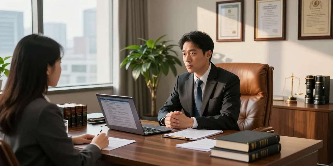 Lawyer consulting with client about legal cases in a modern office, index of legal services visible.