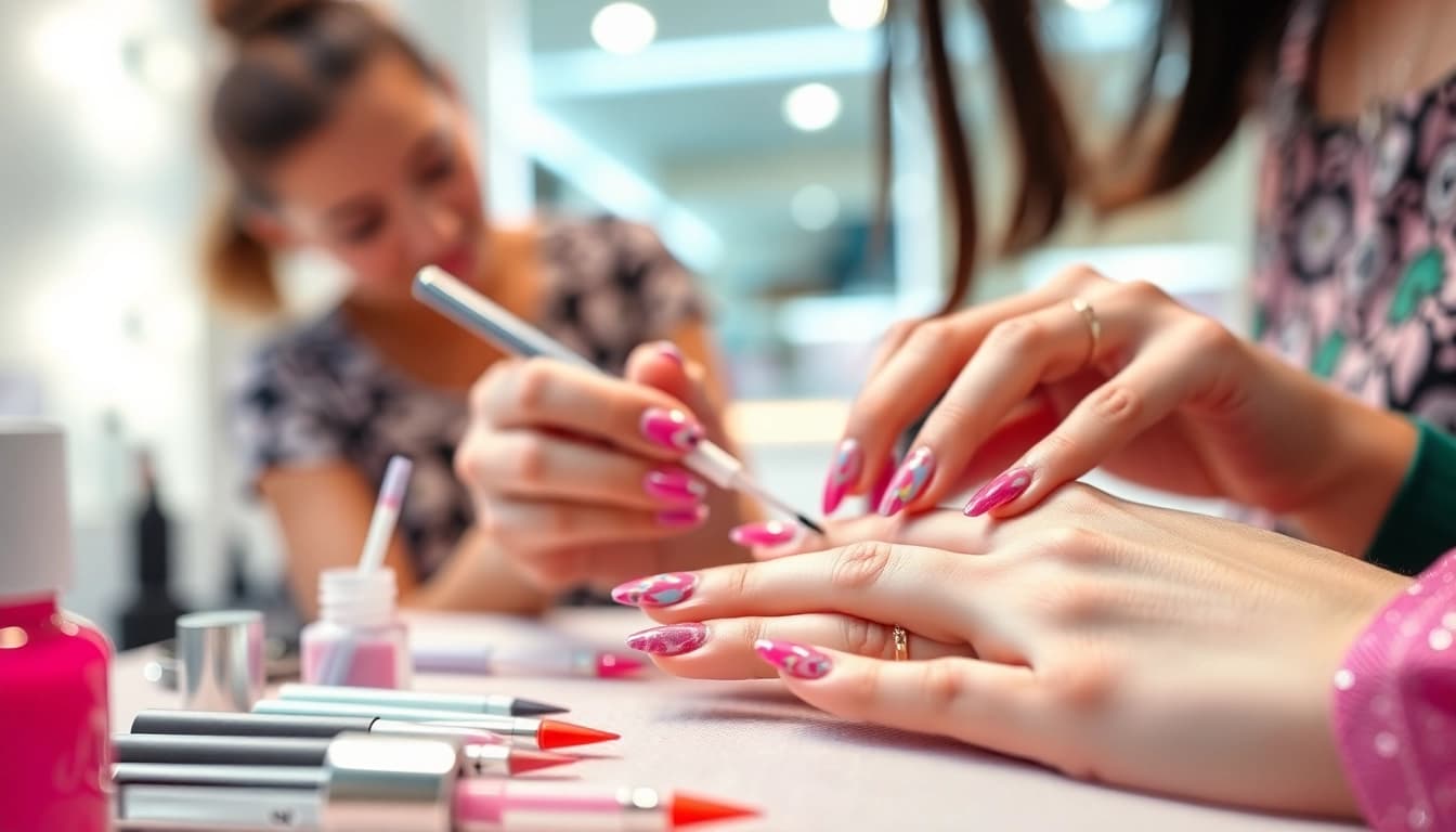Applying nail extensions with vibrant designs showcases stylish nail art techniques.