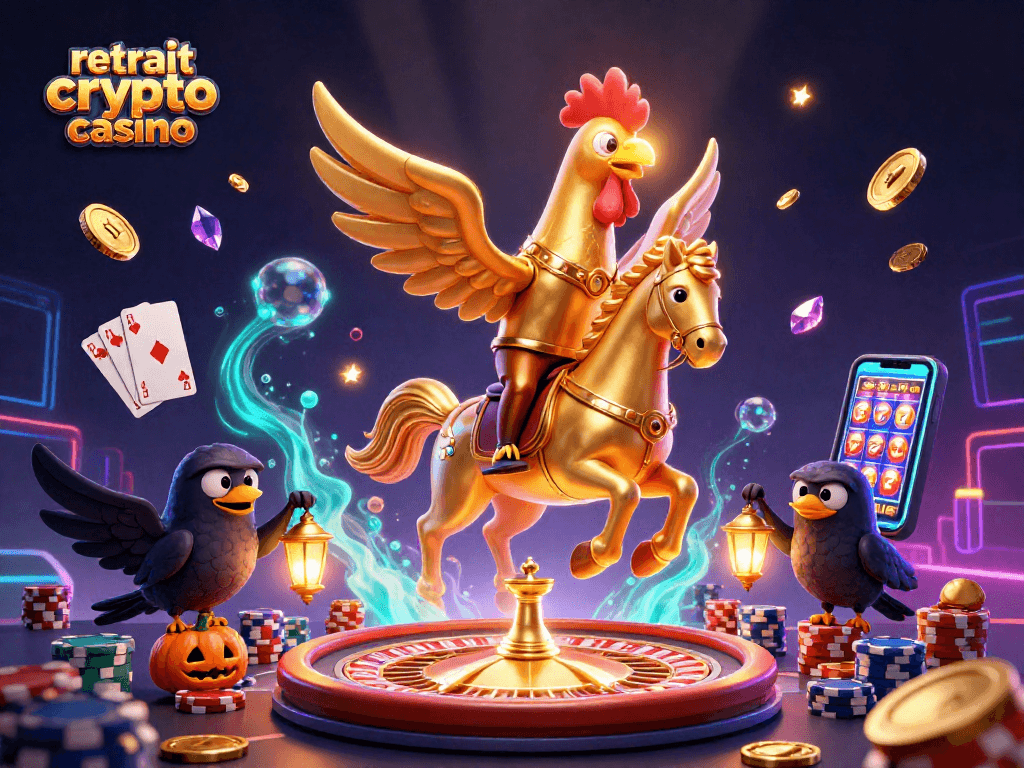 Un retrait crypto casino rapide avec des gains en un éclair grâce à des personnages extravagants dans un casino en pleine nuit.