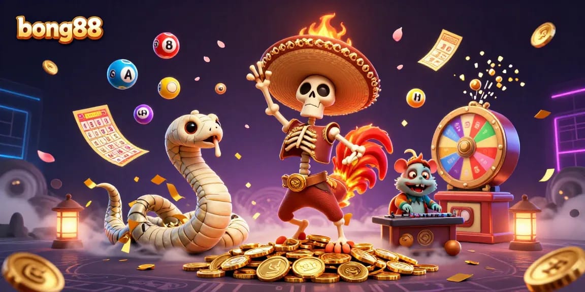 Play with bong88 as a mariachi rooster dances amid golden coins and lottery elements.