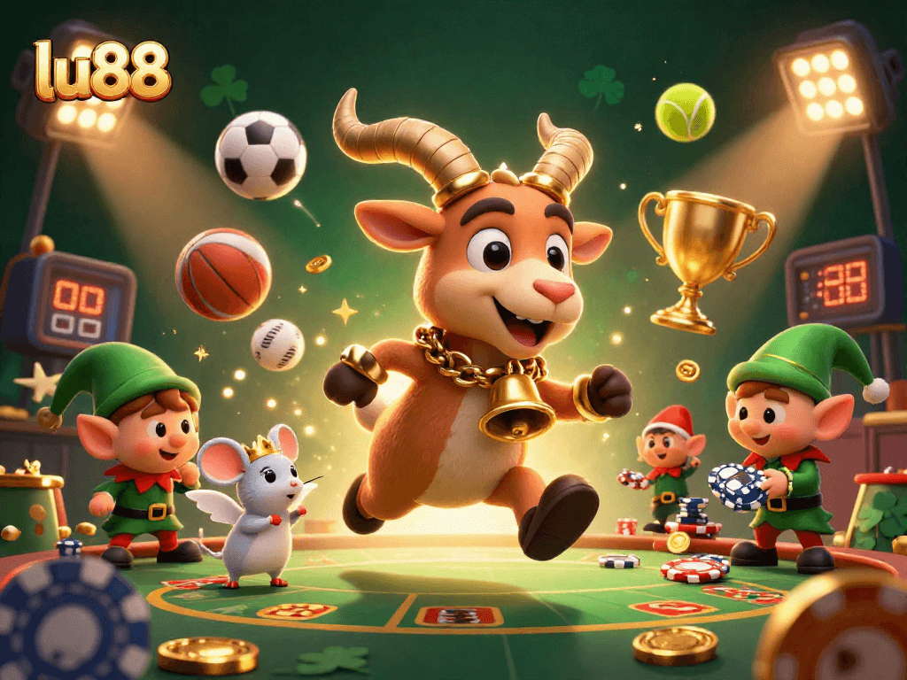 Experience the thrill of lu88 with dynamic characters and sports elements in a vibrant casino scene.