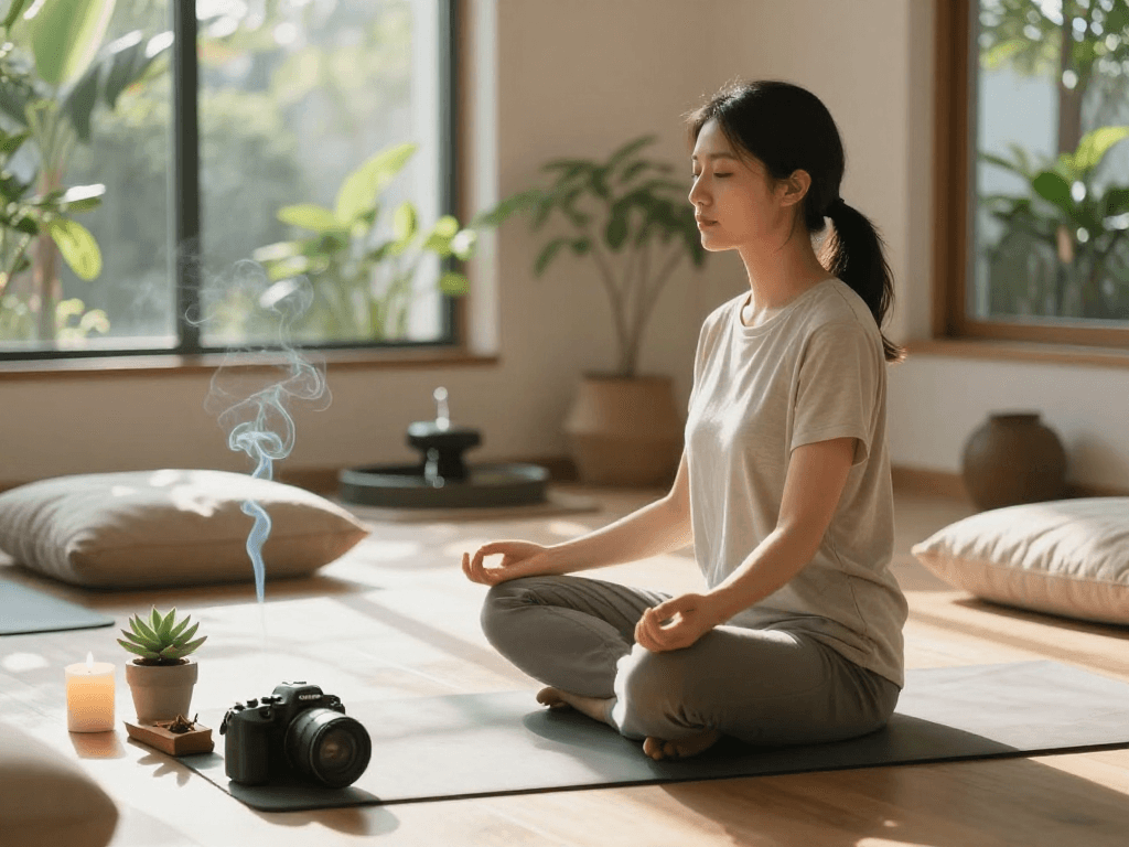 Individual practicing mantra88 in a peaceful meditation space with natural light.