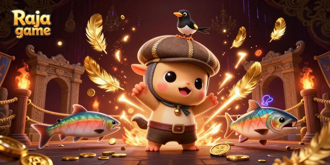 Engage in thrilling action with Raja game, featuring playful characters amidst dynamic casino elements.