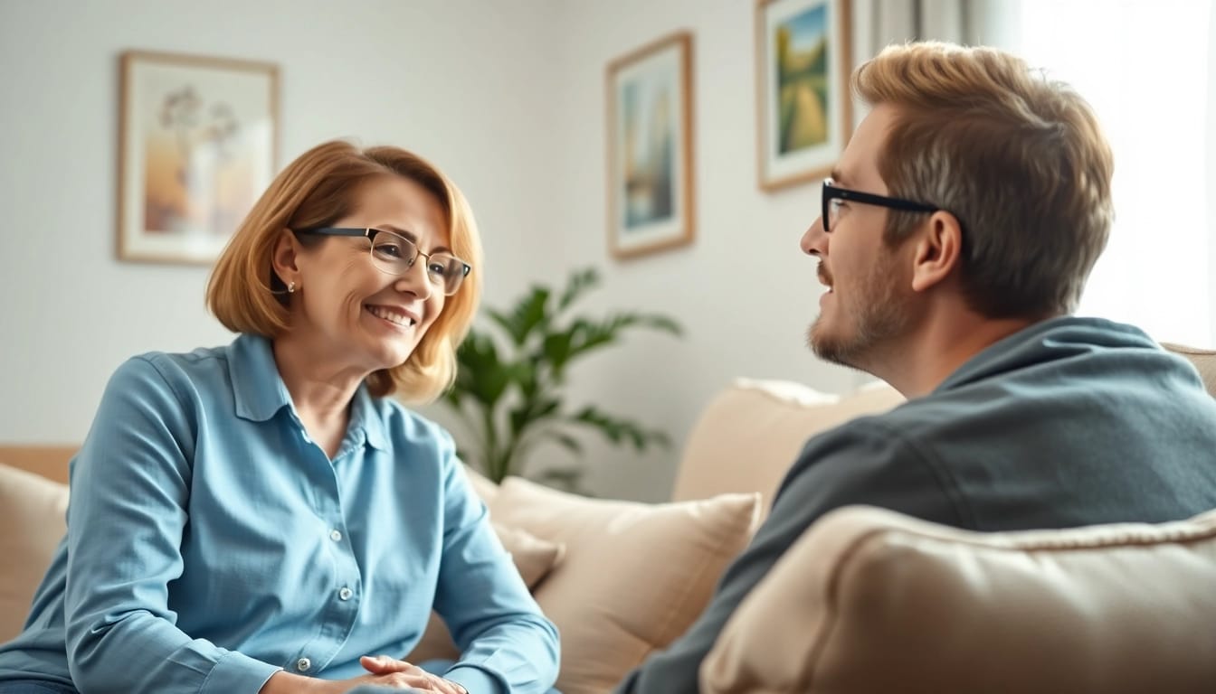 Engaging scene highlighting ADHD Therapy session between a warm therapist and an adult male client.