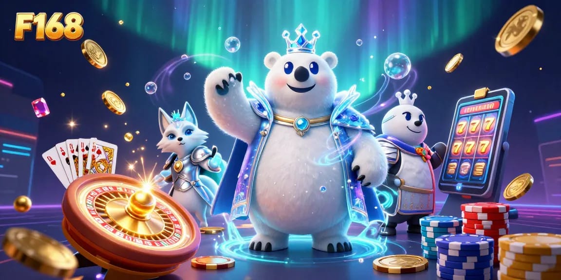 Play F168 in this vibrant 3D scene showcasing an ice king polar bear and a silver armored snow fox amidst casino riches.
