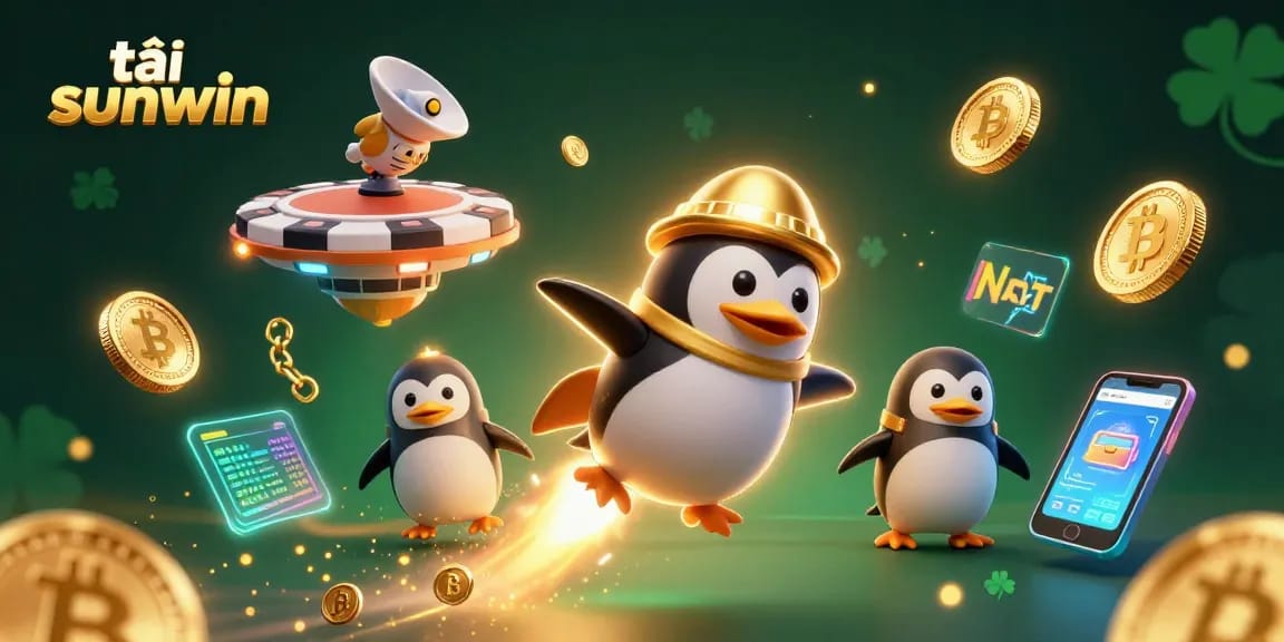 Engage with tải sunwin as a golden penguin jetpacks into a casino space station surrounded by vibrant crypto elements.
