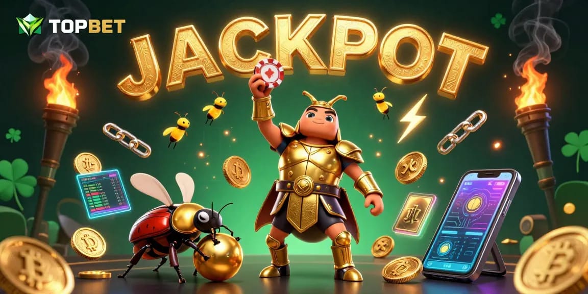 TOPBET fortune awaits players in vibrant online casino scene with winning beetles and golden elements.