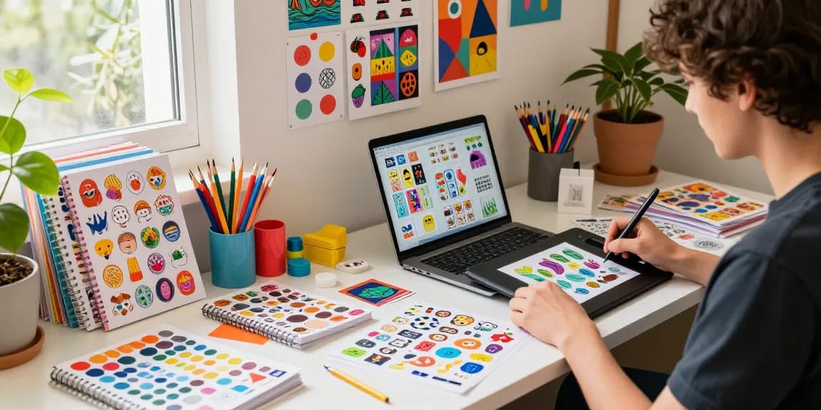 Custom reusable sticker books displayed on a vibrant desk surrounded by art supplies.