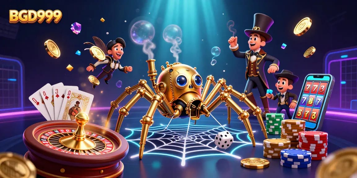 Experience the thrill of BGD999 with a dynamic scene of casino elements and a whimsical steampunk spider.