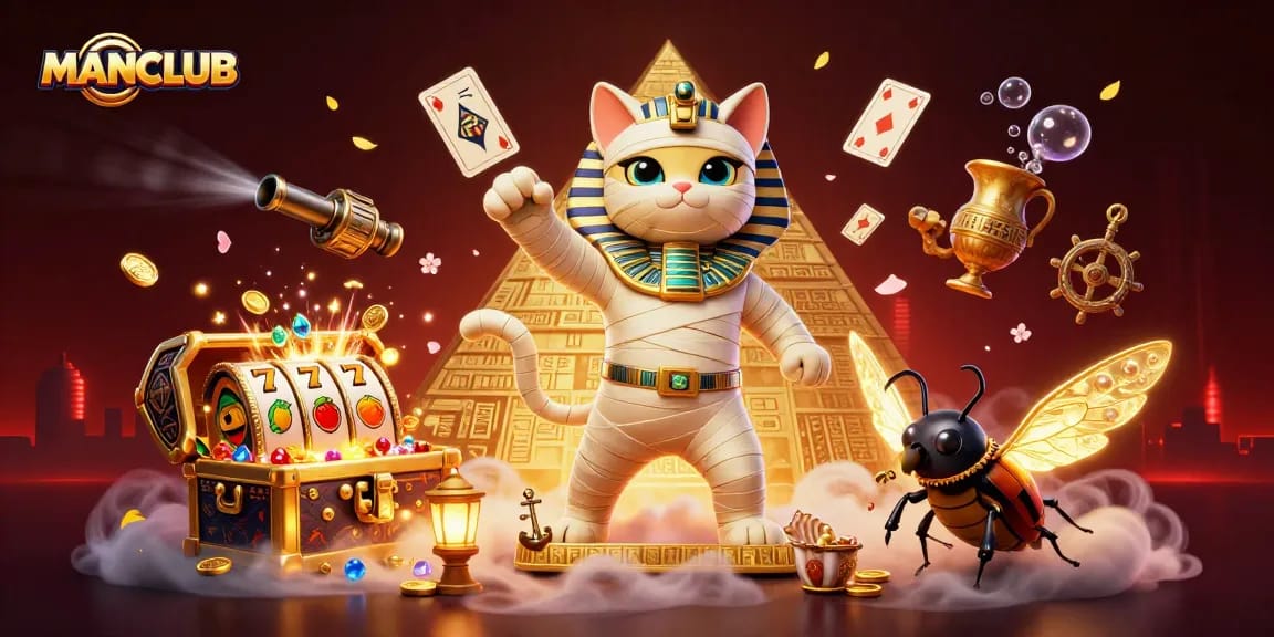Join the gaming excitement at MANCLUB with an Egyptian cat hustling for high slots payouts!