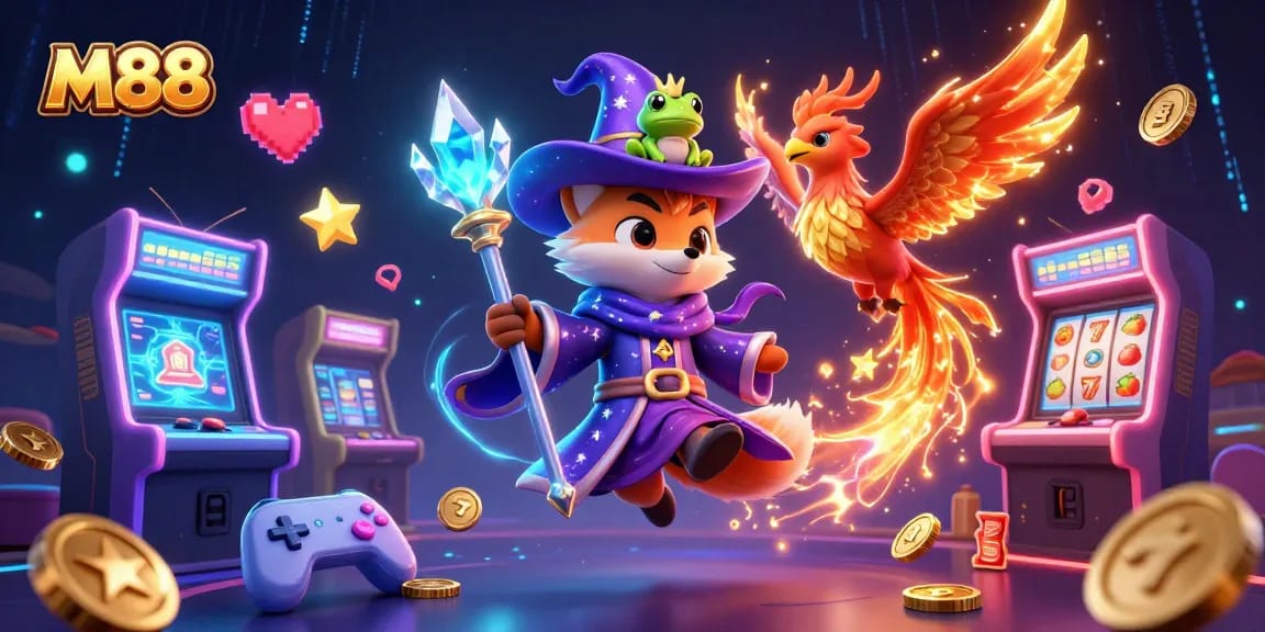 Engage with M88's vibrant casino scene featuring a wizard, phoenix, and gaming elements