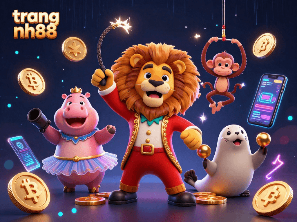 Experience thrilling gaming at trang nh88 featuring animated circus characters and vibrant casino elements.