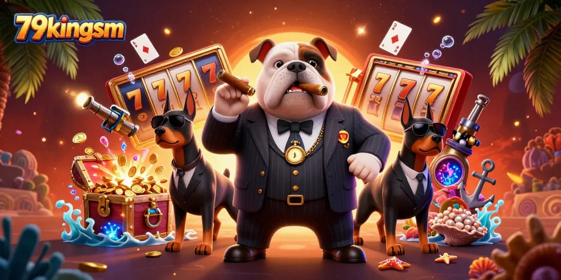 Experience thrilling action at 79kingsm with a vibrant illustration of a casino scene featuring a bulldog and Dobermans.