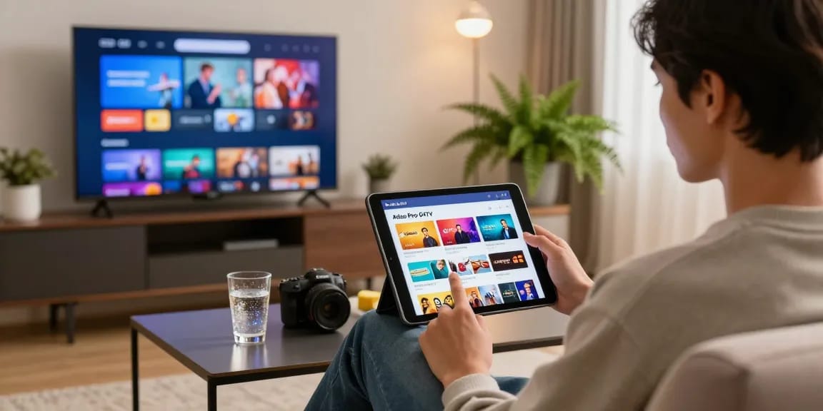 Engaging scene of Atlas Pro ONTV app being explored on a tablet in a cozy living room setting.