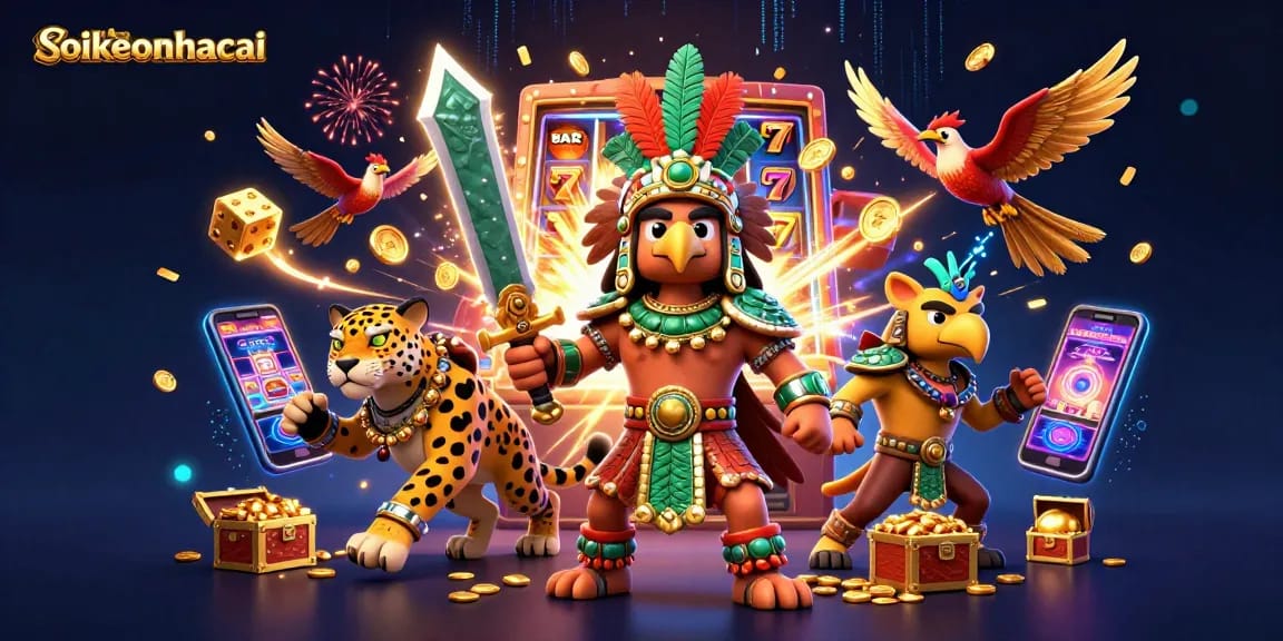 Engaging scene of soikeonhacai action with Aztec warriors, slot machine bursts, and golden treasures.