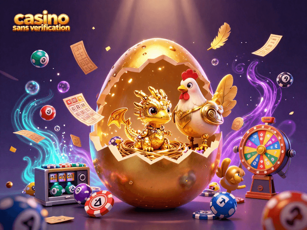Les joueurs s'engagent dans des jeux à un casino sans vérification, entourés de boules colorées vibrantes et de tickets dorés.