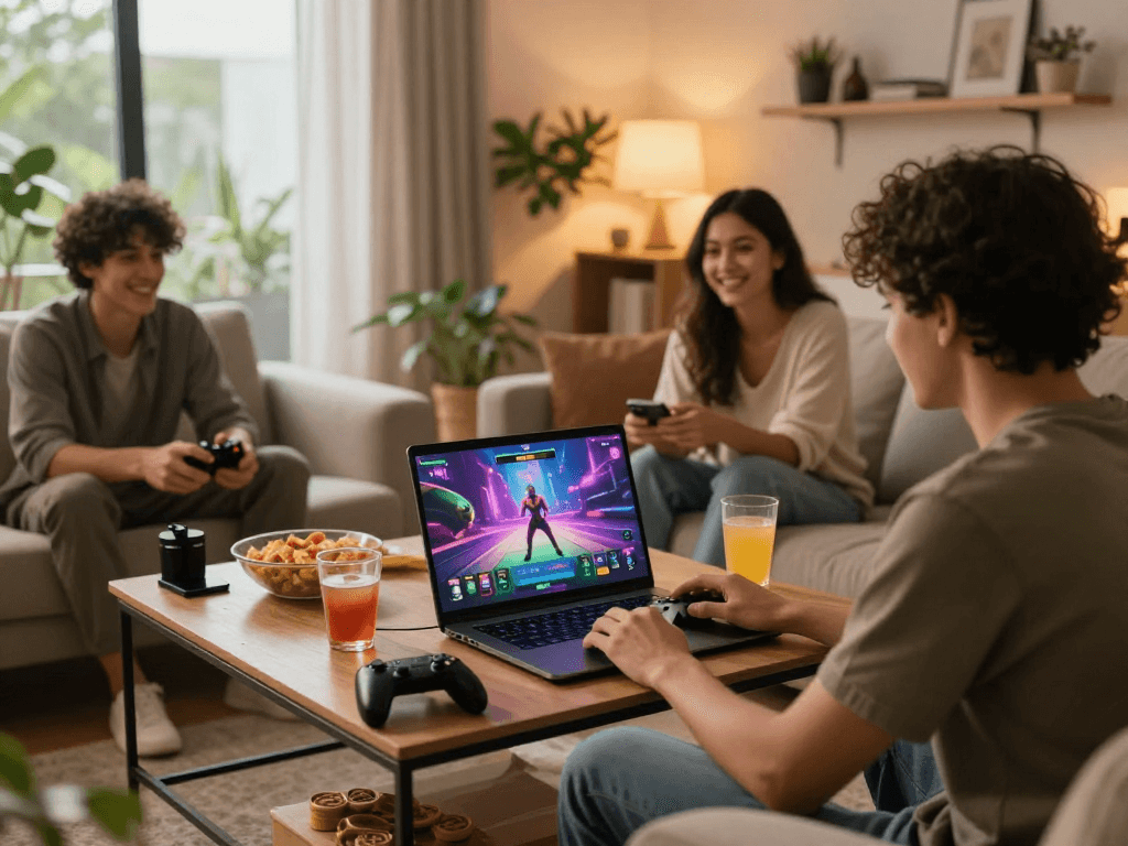 Real sex game being played on a laptop in a cozy living room.