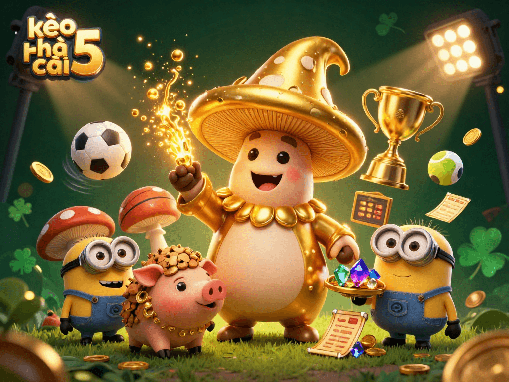Kèo nhà cái 5 showcases an enchanting wizard turning everything to gold amidst vibrant sports elements and treasure.