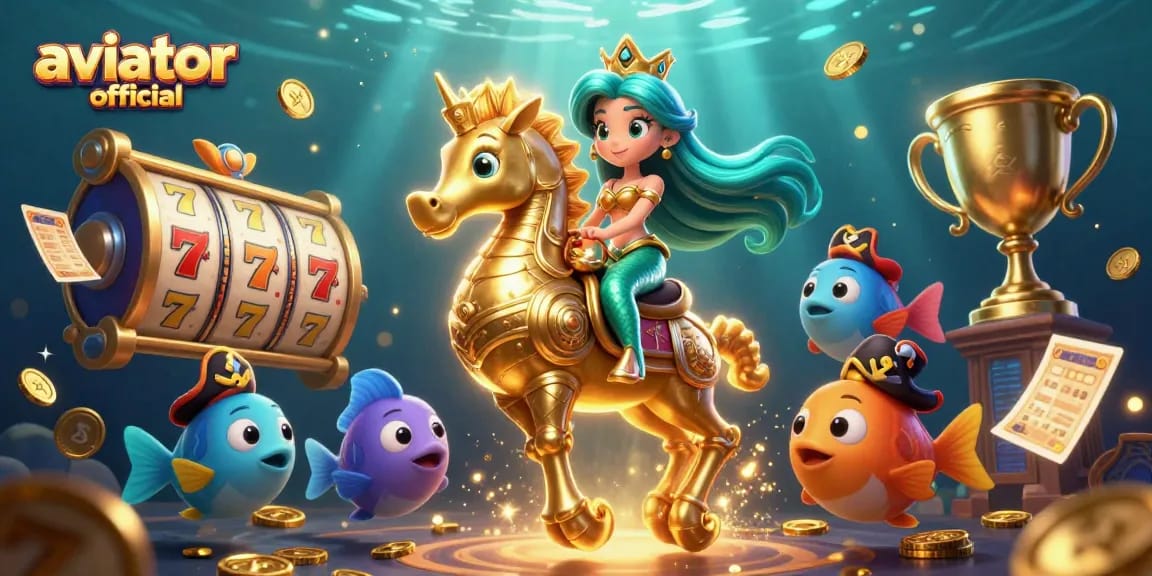 Aviator official illustration depicting mermaid and seahorse in an exciting casino scene with vibrant gaming elements.