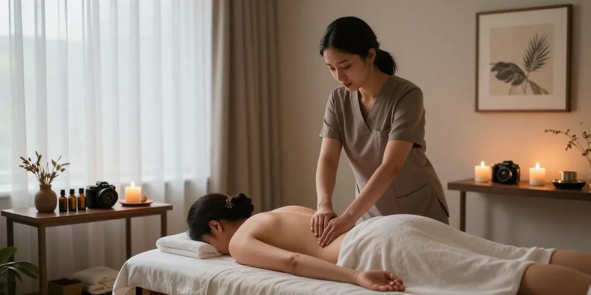 스웨디시 마사지 중인 고객과 치료사의 모습, 편안한 분위기에서 제공되는 마사지 서비스.