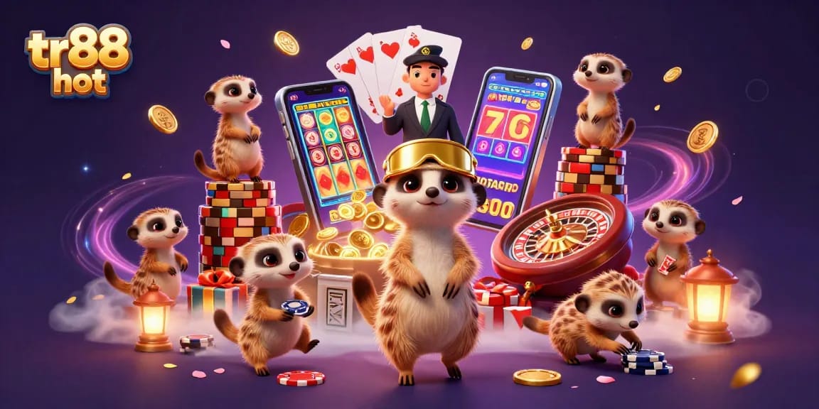 tr88 hot showcases meerkats in an exciting casino scene, highlighting slot games and dynamic elements.