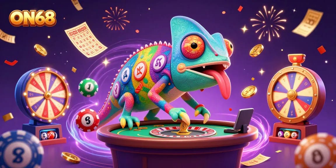 Engage with ON68, a vibrant chameleon casino master amidst a flurry of casino excitement.