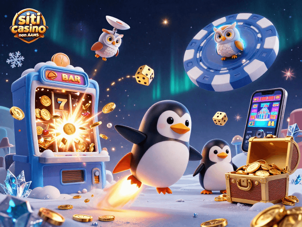 Scopri i siti casino non AAMS con un pinguino d'oro e macchinette vincenti su uno sfondo cosmico.