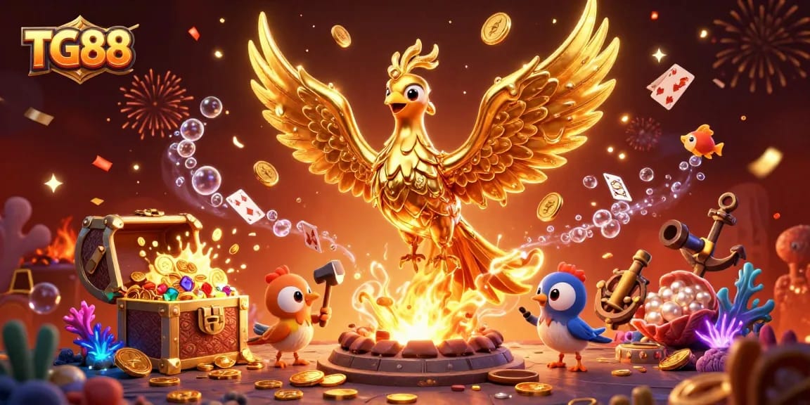 Join the excitement at TG88 with an immersive 3D golden phoenix and rich gaming treasures.